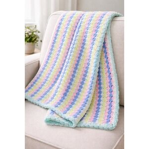 Vintage Handmade Crochet Baby Blanket Pastel Shell Stitch Stroller 40x36